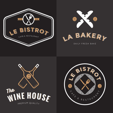 Set of badges, banner, labels and logos for french food restaurant, foods shop, bakery, wine and catering. Design Elements. Vector illustration.