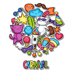 Carnival party kawaii background. Cute sticker cats, decorations for celebration, objects and symbols