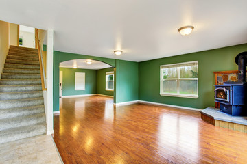 Open floor plan interior with green walls and hardwood floor.