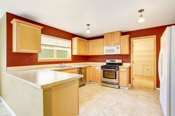 Modern kitchen room interior with red walls
