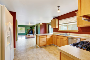 Modern kitchen room interior with red walls