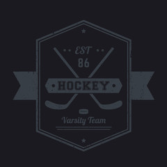Hockey vintage emblem, logo with crossed sticks, gray on black