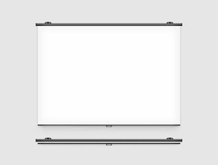 Blank projector screen mockup on the wall. Projector display mock up. Projection presentation clear monitor on wall. Slide show front design. Slideshow billboard banner frame. Projection background.