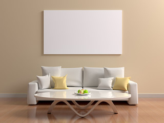 Beige, yellow, brown interior with a poster, sofa with pillows and a table with fruit. Room with picture white blank for design mock up. 3d illustration