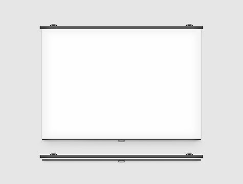 Blank projector screen mockup on the wall. Projector display mock up. Projection presentation clear monitor on wall. Slide show front design. Slideshow billboard banner frame. Projection background.