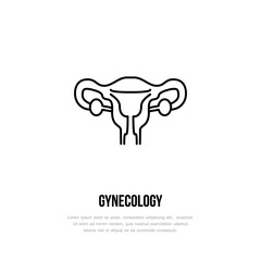 Modern vector line icon of uterus. Gynecology clinic linear logo. Outline symbol for polyclinics. Obstetrics design element for sites, hospitals. Medical business logotype, reproduction sign.
