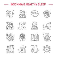 Fototapeta premium Modern vector line icon of insomnia problem and healthy sleep. Elements - clock, pillow, pills, dream catcher, counting sheep. Linear pictogram with editable stroke for sites, brochures about insomnia