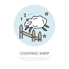 Counting sheep illustration. Modern vector line icon of jumping sheep. Insomnia linear logo. Outline symbol for sleep problem, healthy sleeping. Design element for site, brochure, book. Cute sheep art