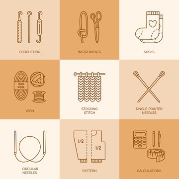 Modern vector line icons set of knitting and crochet. Linear design elements: socks, knitting needle, knitting hook, pattern and others. Outline knitting symbol collection for business cards, stores.
