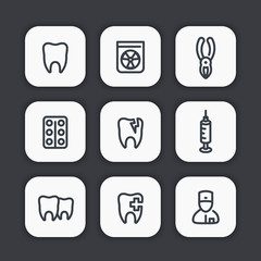 Tooth line icons set, dentist, dental surgery, stomatology, rontgen, anesthesia, vector illustration