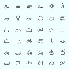 Transport icons, simple and thin line design