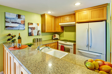 Simple kitchen with wooden cabinets and granite counter top.