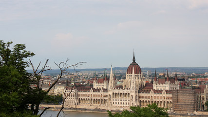 View on parliament building from fisherman bastion on Buda hill in Budapest, Hungary