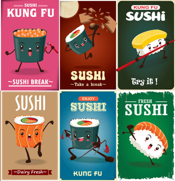 Vintage Kung Fu Sushi poster design with vector sushi character. Chinese word means sushi.
