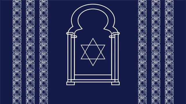 Video for  major Jewish holiday Rosh Hashanah, the New Year. The window of the synagogue with  Star of David. Under the star appear glow and sign Shana tova in Hebrew (Happy New Year)