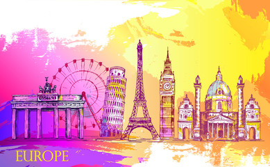 Skyline of Europe, detailed silhouette.Travel Landmarks. vector illustration, hand drawn graphic, sketh, artistic Splash paint,  beautiful colorful card with architecture