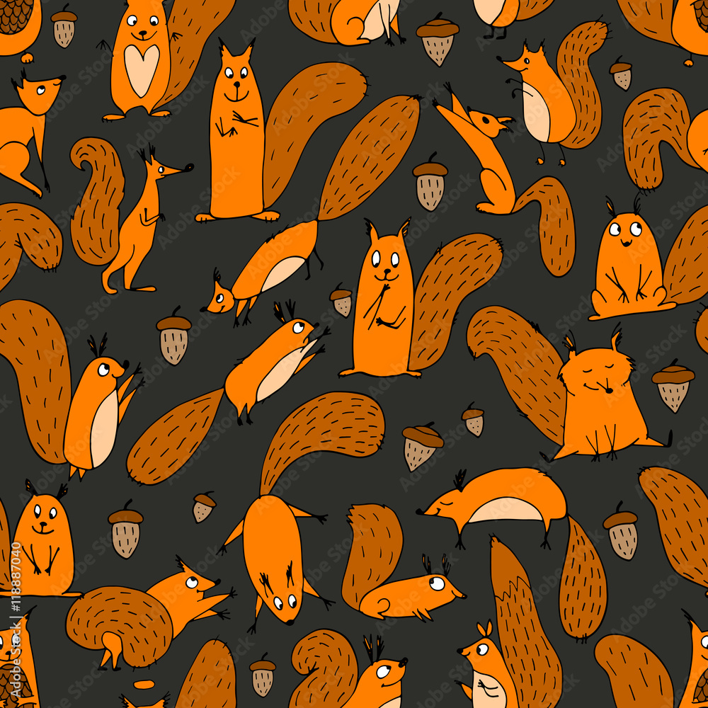 Aufkleber funny squirrel with nut, seamless pattern for your design