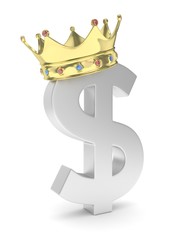 Isolated silver dollar sign with crown on white background. American currency. Concept of investment, american market, savings. Power, luxury and wealth. Crown with gems. 3D rendering.