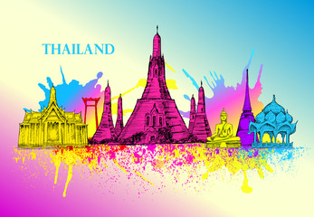 Skyline of Thailand, detailed silhouette.Travel Landmarks. vector illustration, hand drawn graphic, art, Splash paint violet and yellow, blue,  beautiful colorful card with architecture