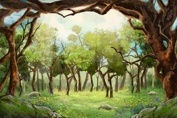 Türaufkleber Kinderzimmer Ein kleines Blumenfeld innerhalb der Waldlichtung. Digitale CG-Grafik des Videospiels, Konzeptillustration, realistischer Hintergrund im Cartoon-Stil