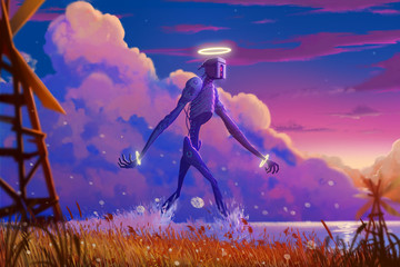 The Giant Mystery Robot Walking on the River. Video Game's Digital CG Artwork, Concept Illustration, Realistic Cartoon Style Background
