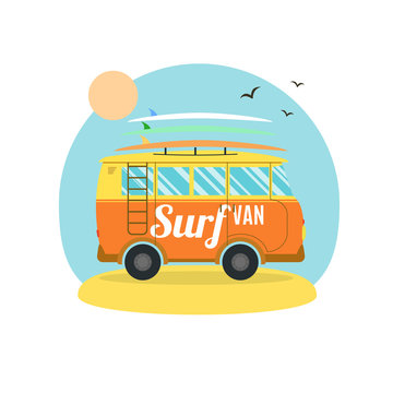 Surf Van on the Beach. Flat Design. Vector