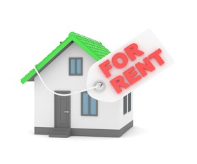 Miniature model of house real estate for rent label on white background. 3D rendering.