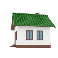 Isolated home with green roof on white. 3D rendering.