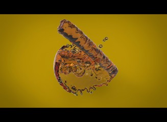 3d illustration of splash of liquid. yellow background isolated. icon for game web. 