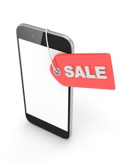 Smart phone with red sale label on white background. Best offer. Leader of sales. 3D rendering.