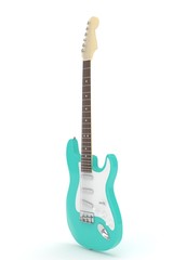 Naklejka premium Isolated turquois electric guitar on white background. Musical instrument for rock, blues, metal songs. 3D rendering.