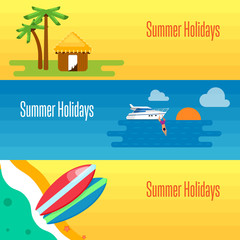 Summer holidays banner vector illustration. Colorful surfboards on beach. Tropical bungalows and palm trees. Seascape with yacht, sunset and swimming man. Concept of holiday at sea. Beach activities