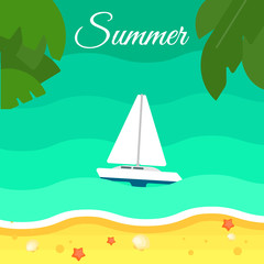 Naklejka premium Summer background, vector illustration. Seascape with sailing yacht. Sand beach with palm leaves and starfish. Natural landscape. Racing yacht. Summer vacation. Travel concept. Outdoor leisure