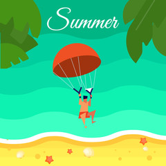 Summer background, vector illustration. Kiting man with red parachute flying above water. Sand beach with palm leaves and starfish. Natural landscape. Concept of holiday at sea. Extreme sea sports