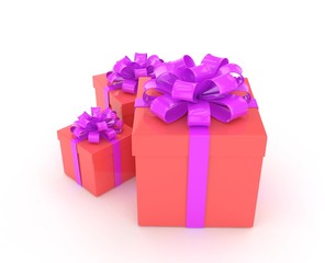 three gift boxes with bows isolated on white. 3d rendering.