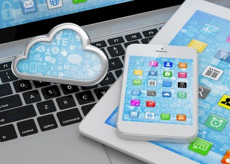 laptop, tablet pc, smart phone and cloud. 3d rendering.