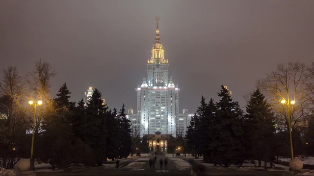 The Main Building Of Moscow State University On Sparrow Hills At Winter timelapse at Night