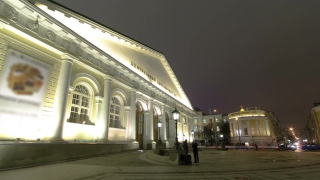 exhibition hall Manezh on Manezhnaya square winter night timelapse hyperlapse, Moscow, Russia