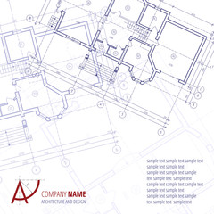 Architectural vector background. Blue building plan silhouette and A-letter logo architecture and design company.