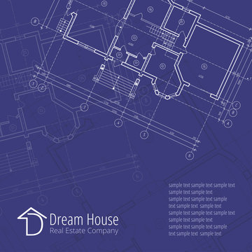 Architectural vector background. Building plan silhouette on blue background and D dream house real estate company logo, architecture and design company logo