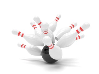 Bowling ball and skittles isolated. 3d rendering.