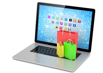 laptop and  shopping pags on white background. 3d rendering.