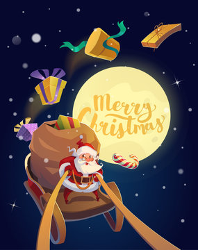 Christmas Card. Santa with the bunch of presents and candies riding on a sleigh with the moon at the background. Merry Christmas Lettering. Vector illustration