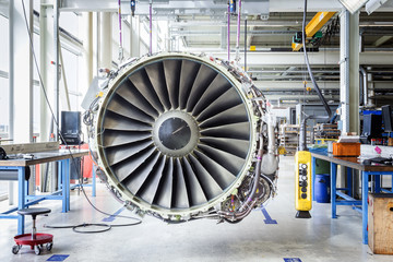 Fototapeta premium Big airplane engine during maintenance