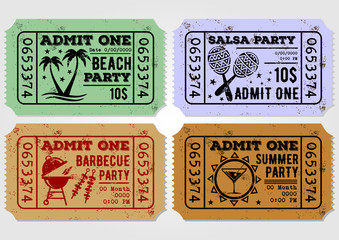 Vector set of vintage paper ticket and admit one samples icon
