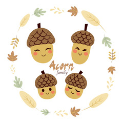 Four cute acorn family characters inside autumn theme leaves frame