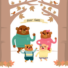 Cute happy bear family characters with warm clothes together on autumn forest
