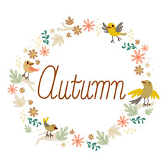 Cute round autumn frame with vintage birds leaves and flowers design