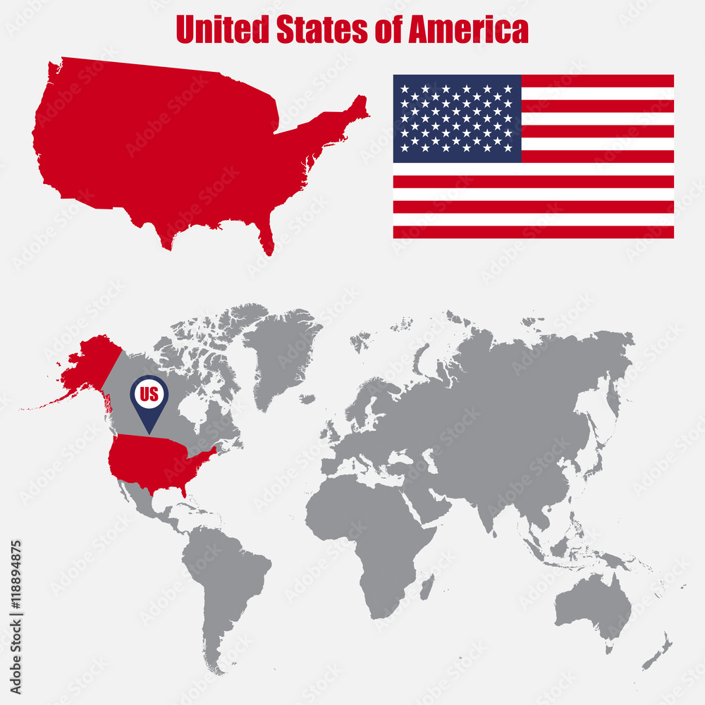 Aufkleber usa map on a world map with flag and map pointer. vector illustration
