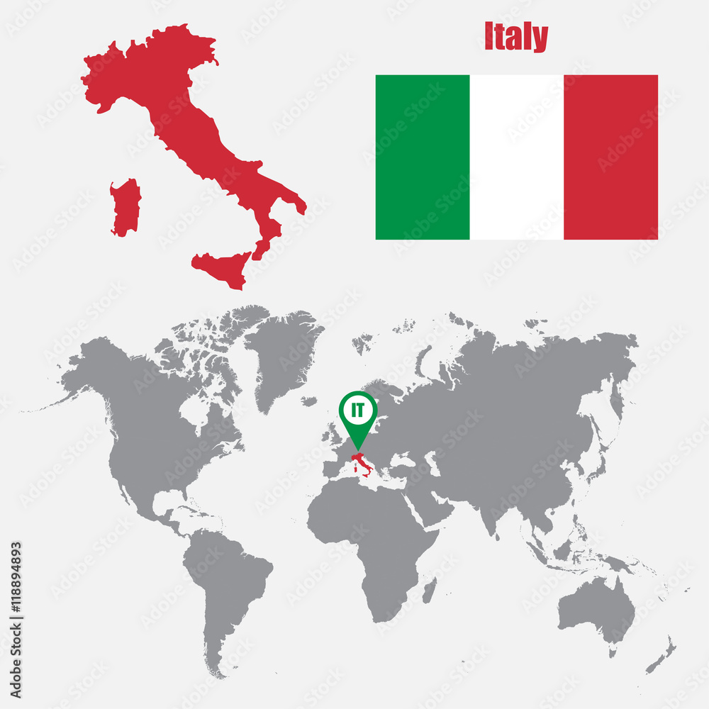 Poster italy map on a world map with flag and map pointer. vector illustration